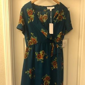 XL Green Blue Floral asymmetrical Dress with Slip